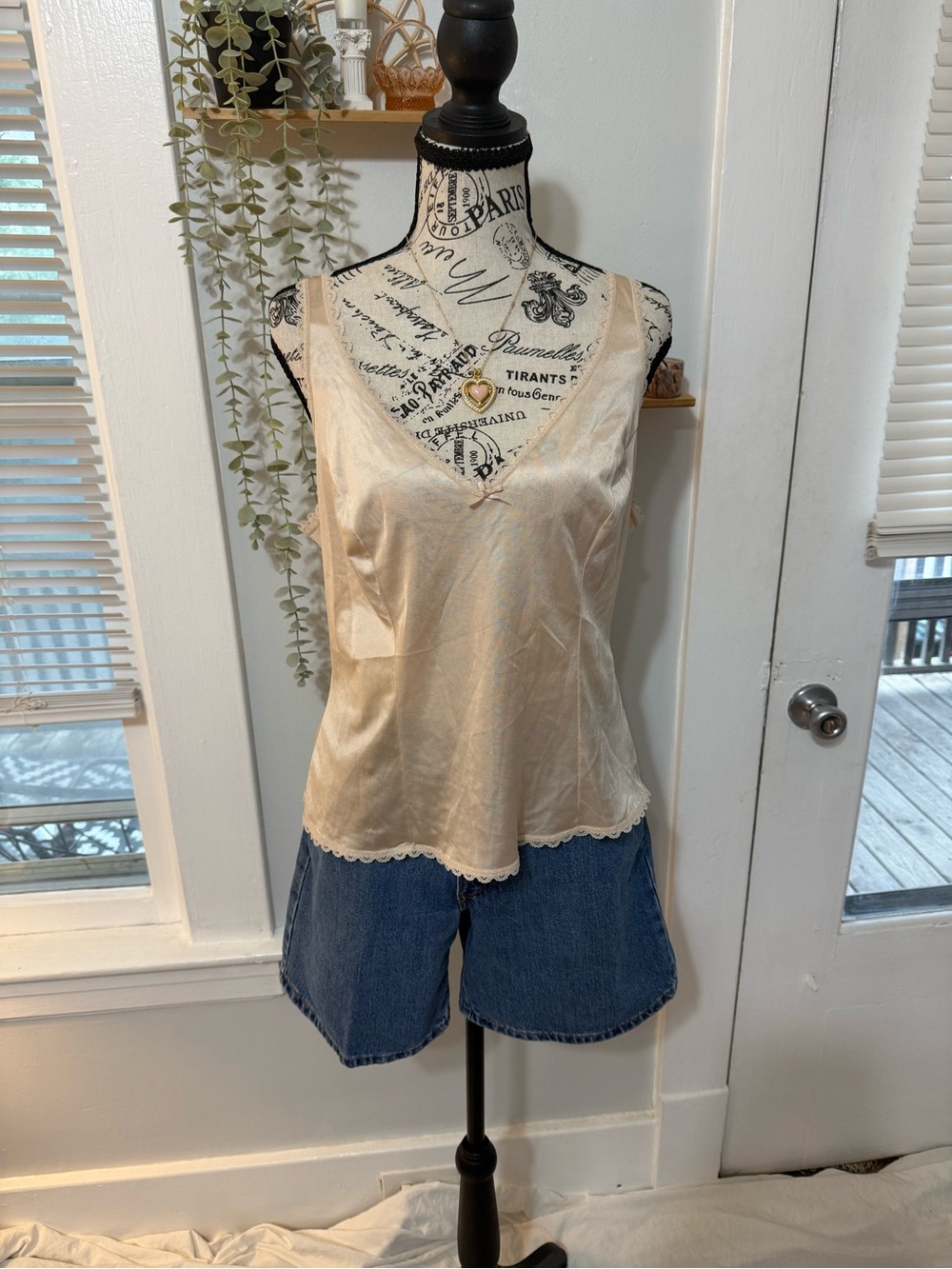Cream coquette vintage satin blouse with lace trim Fruit of the Loom brand